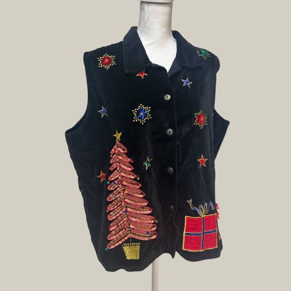 Vintage Dressbarn Christmas Velvet Vest 18/20 Embroidered Tree Holiday Plus Size